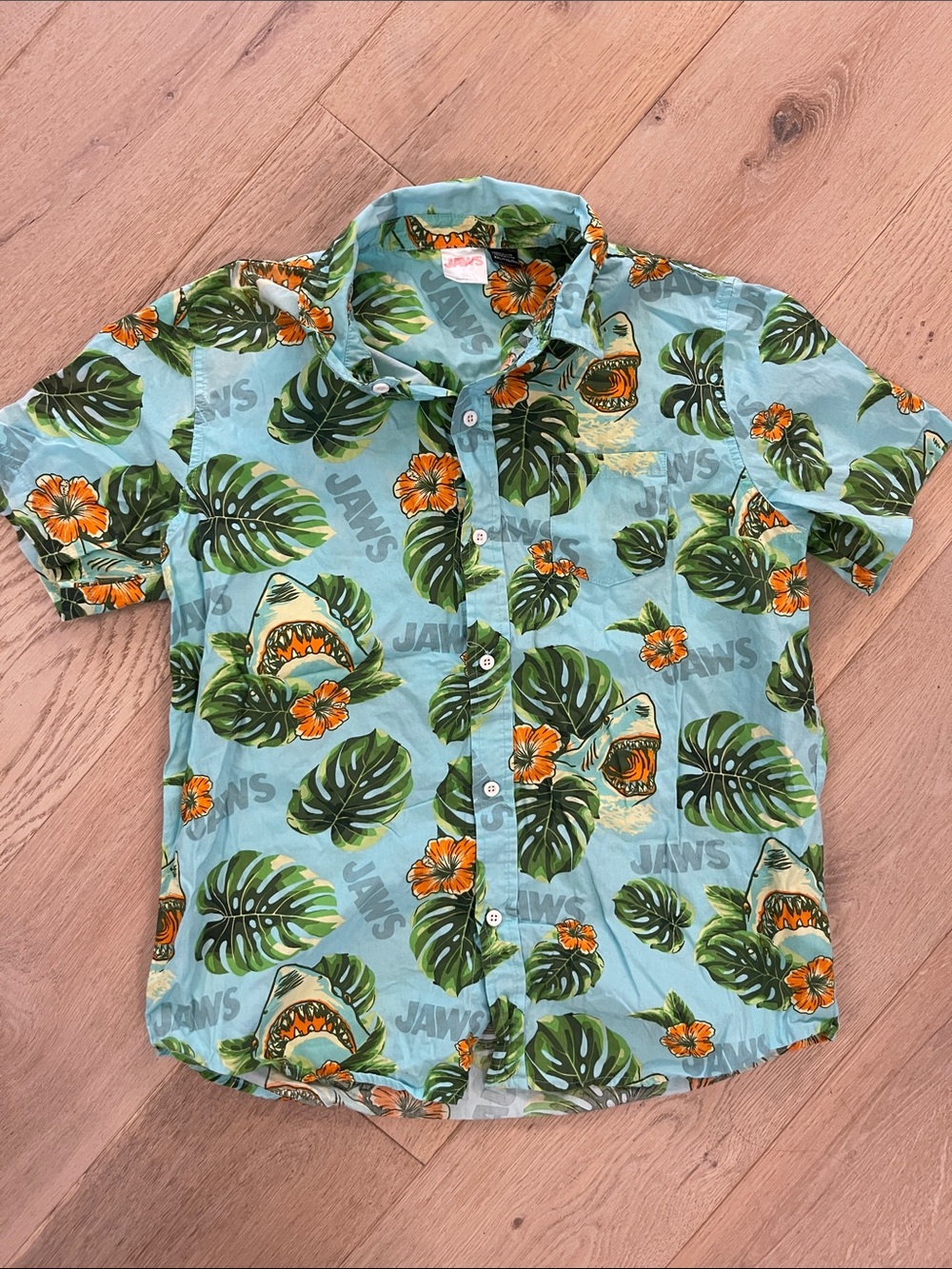 Jaws Short Sleeve Button-Down Shirt - Light Blue with Tropical Print Boys XXL